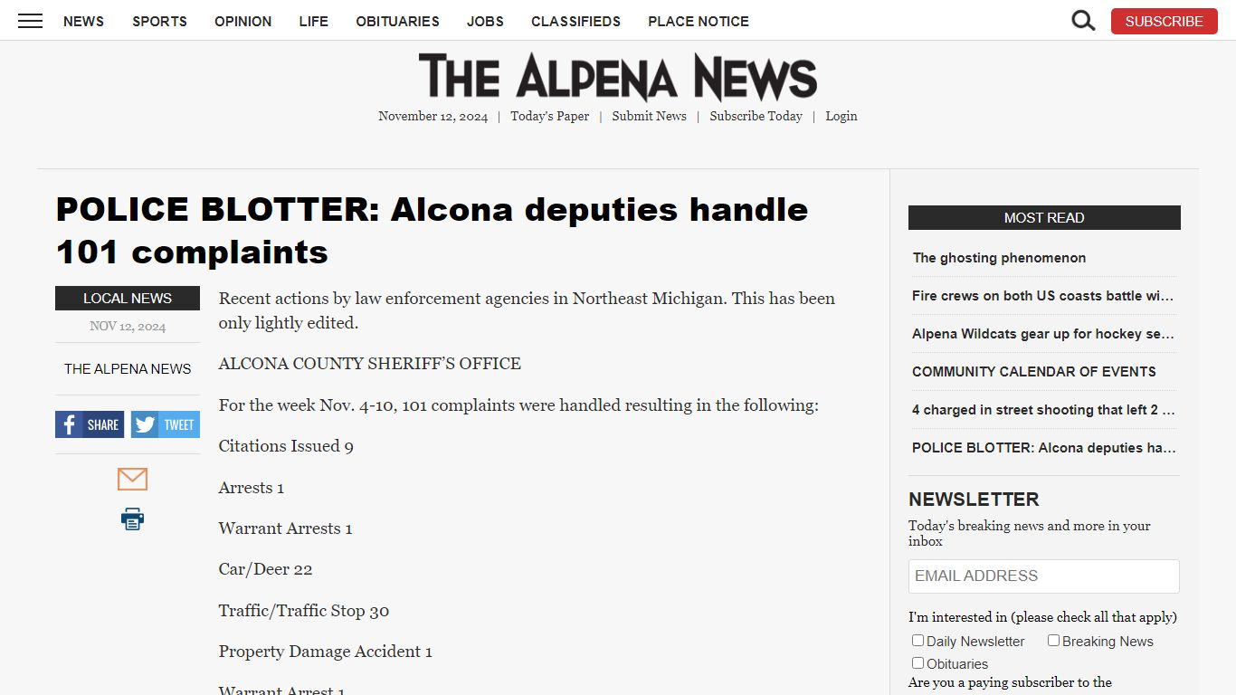 POLICE BLOTTER: Alcona deputies handle 101 complaints